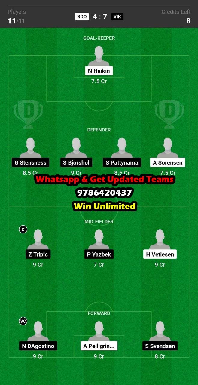 BDO vs VIK Dream11 Team fantasy Prediction Norwegian League