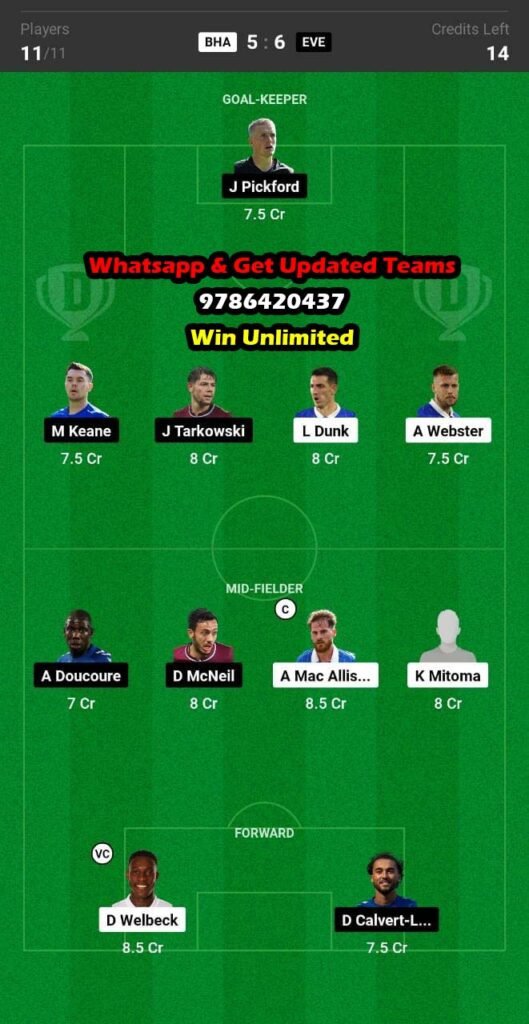 Bha Vs Eve Dream Team Fantasy Prediction Premier League