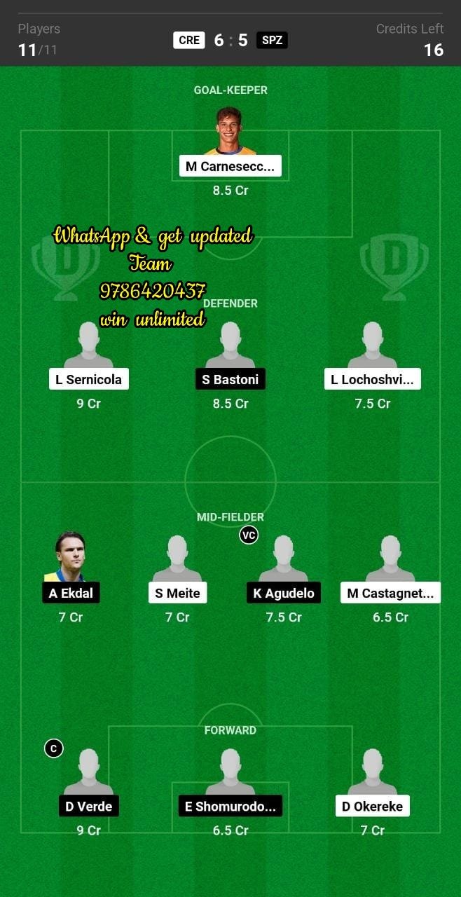 CRE vs SPZ Dream11 Team fantasy Prediction Serie A