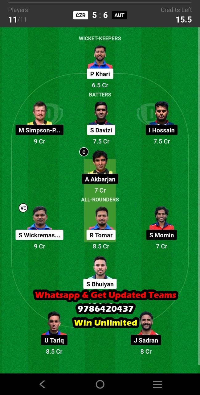 CZR vs AUT 7th Match Dream11 Team fantasy Prediction FanCode ECI Austria T10