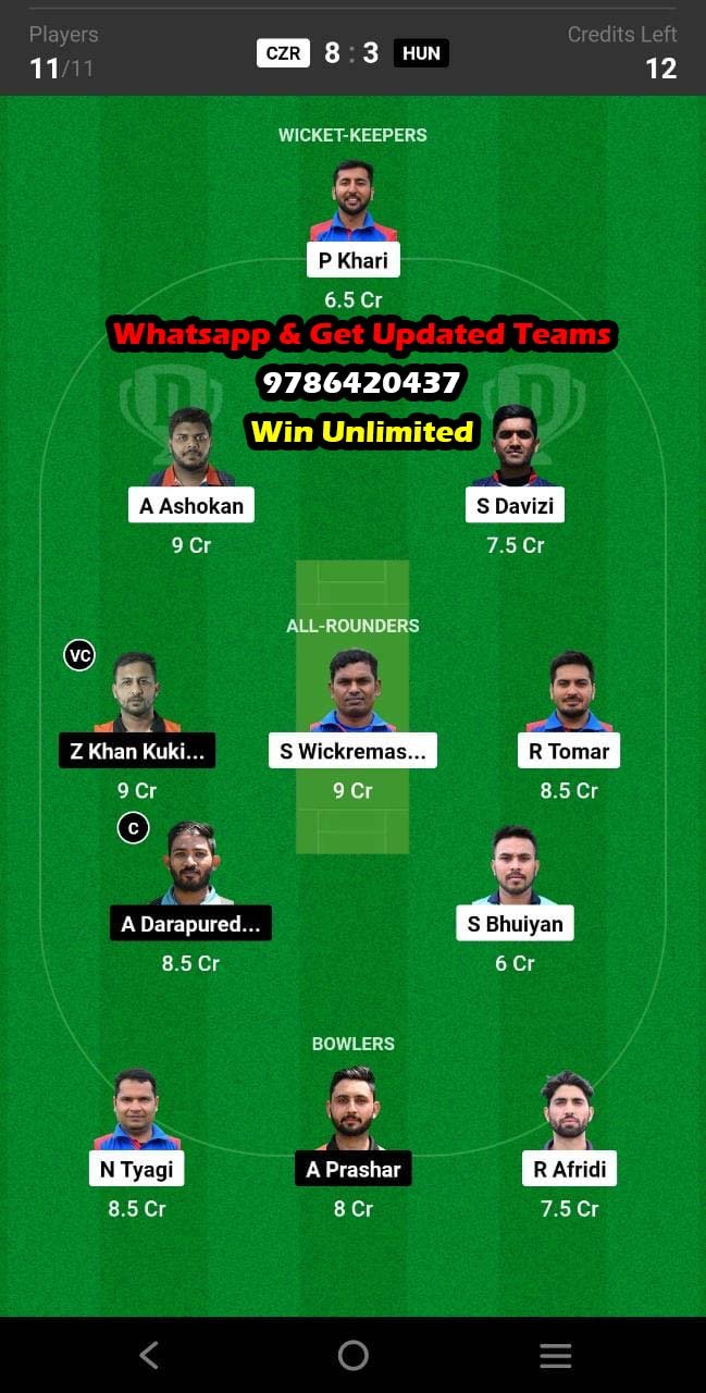 CZR vs HUN 6th Match Dream11 Team fantasy Prediction FanCode ECI Austria T10