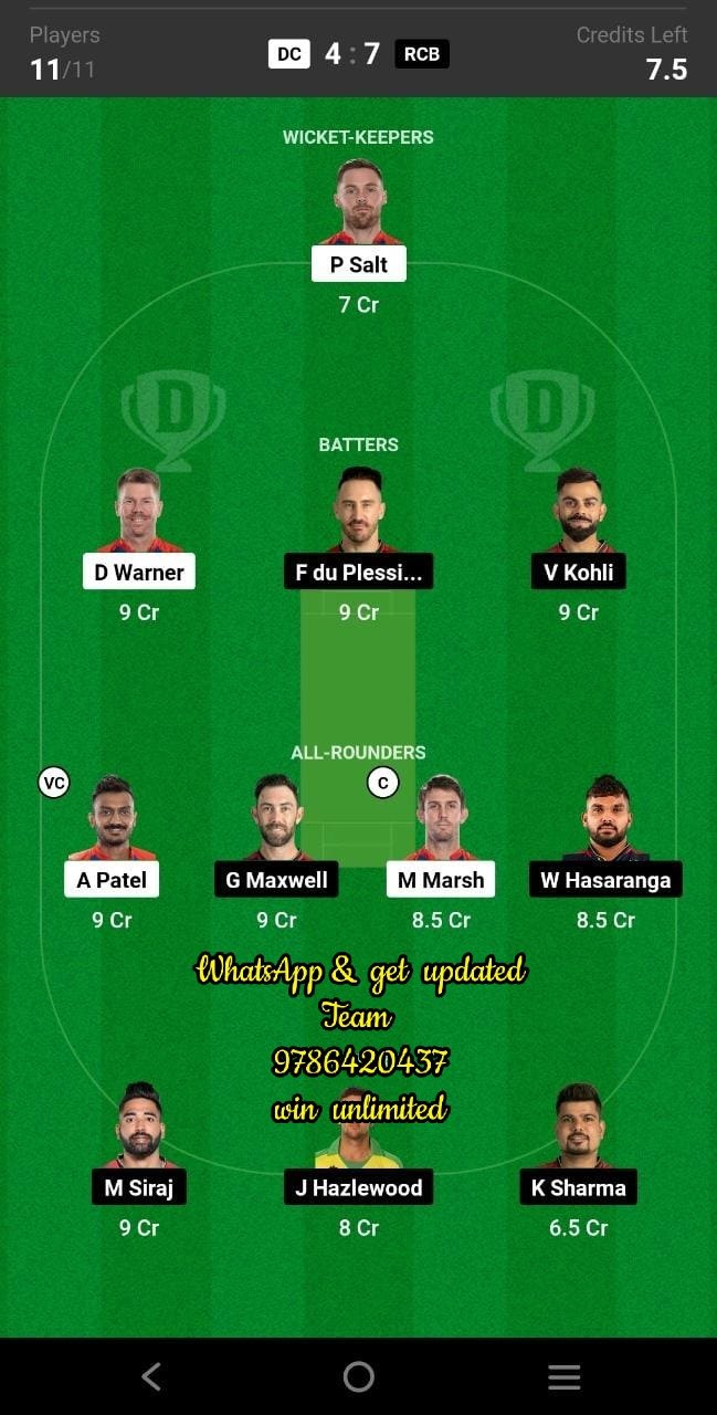 DC vs RCB 50th Match Dream11 Team fantasy Prediction TATA IPL