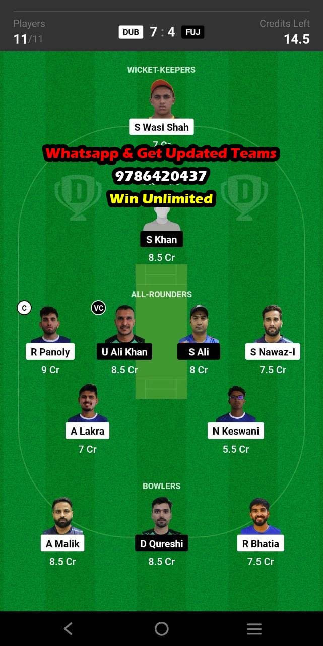 DUB vs FUJ 5th Match Dream11 Team fantasy Prediction Emirates D10