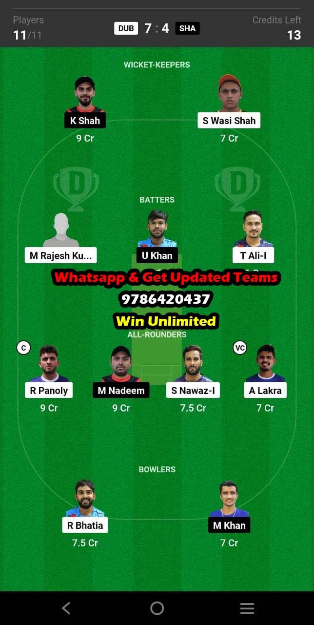 DUB vs SHA 10th Match Dream11 Team fantasy Prediction Emirates D10