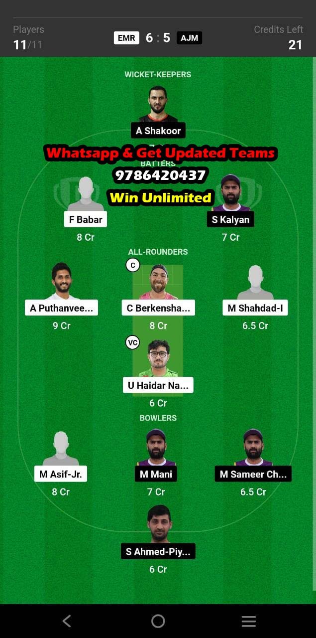 EMR vs AJM 13th Match Dream11 Team fantasy Prediction Emirates D10