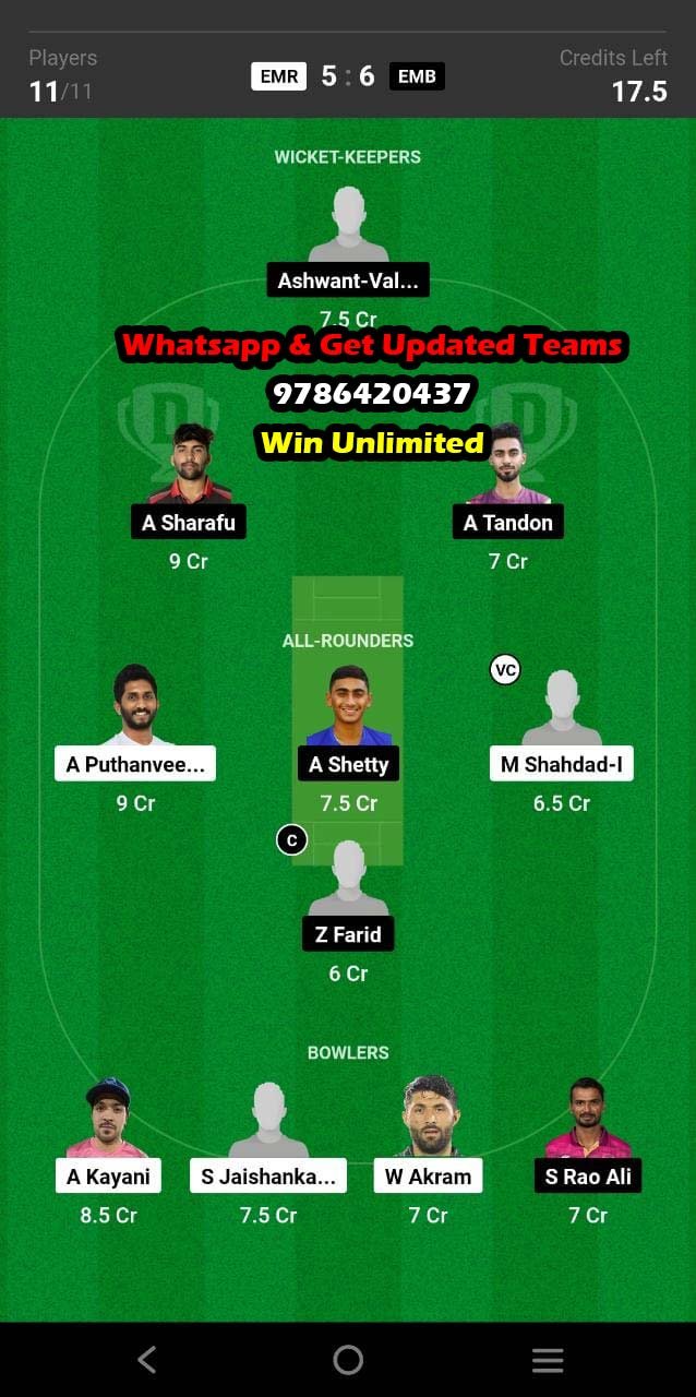 EMR vs EMB 6th Match Dream11 Team fantasy Prediction Emirates D10