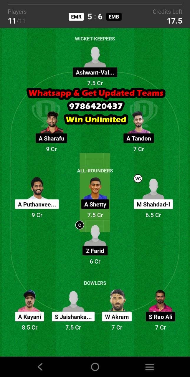 EMR vs SHA 8th Match Dream11 Team fantasy Prediction Emirates D10