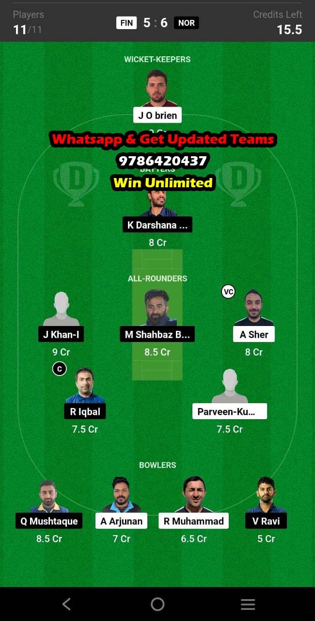 FIN vs NOR 9th Match Dream11 Team fantasy Prediction Nordic Cup T20I