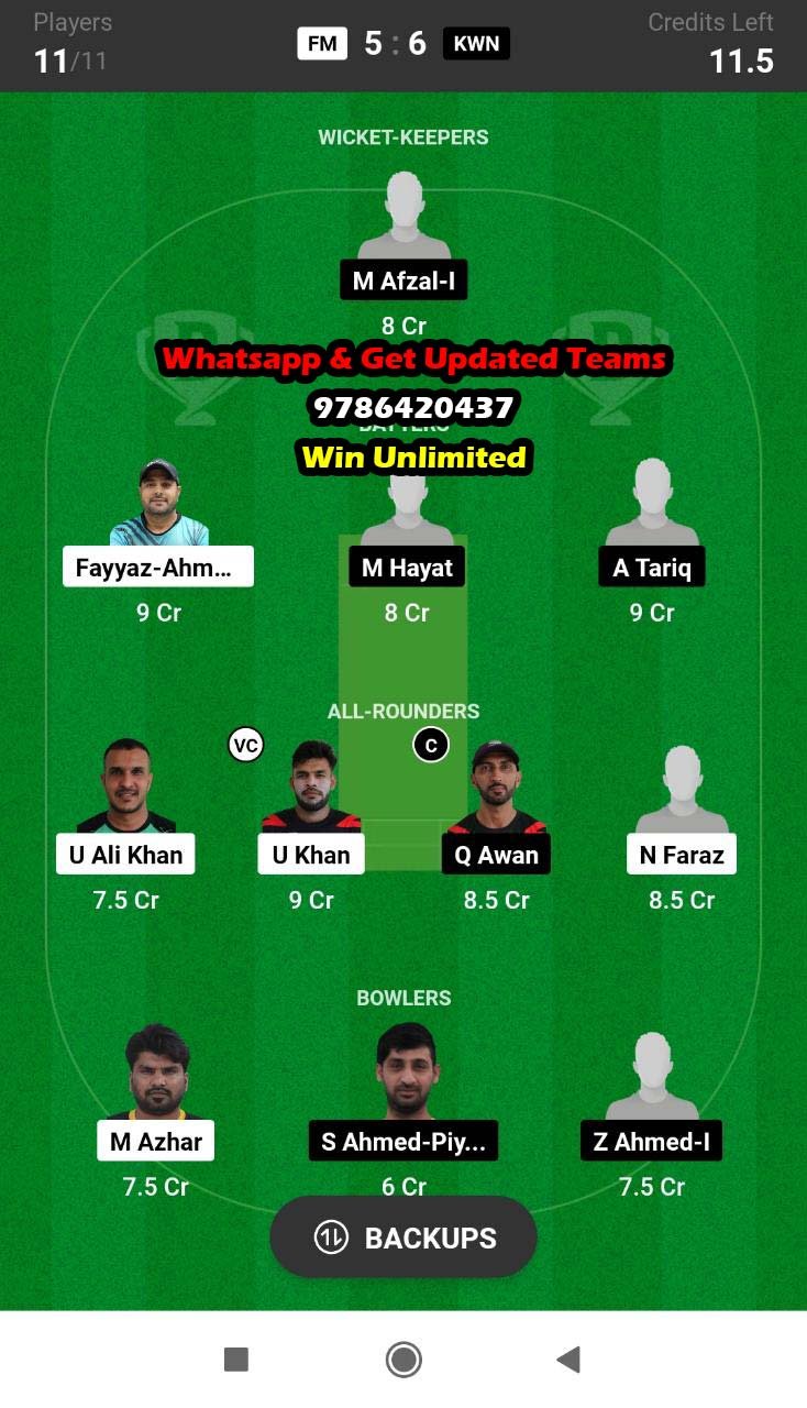 FM vs KWN 1st Semi-Final Match Dream11 Team fantasy Prediction Sharjah Ramadan T20