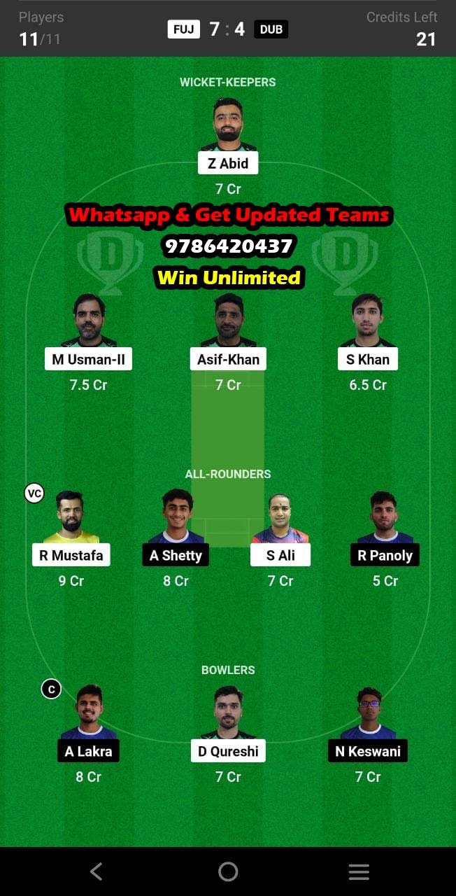 FUJ vs DUB 11th Match Dream11 Team fantasy Prediction Emirates D50 One-Day