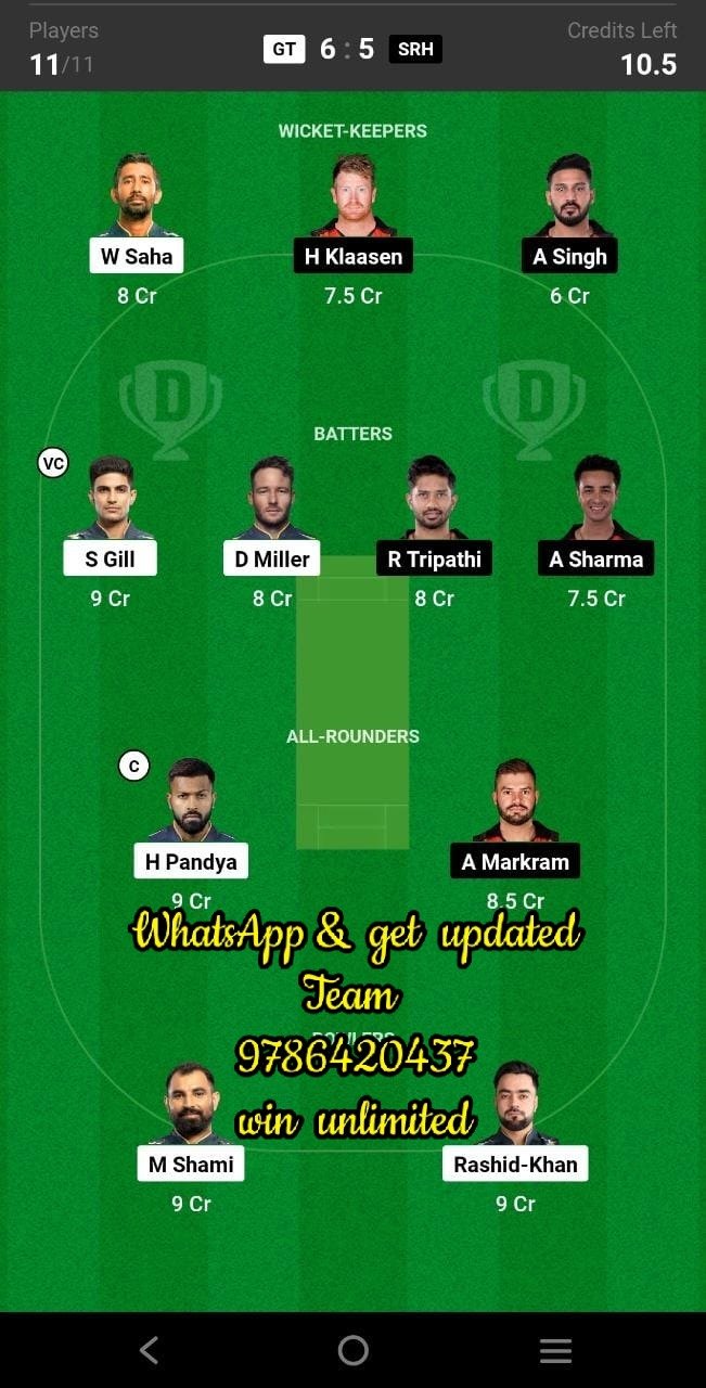 GT vs SRH 62nd Match Dream11 Team fantasy Prediction TATA IPL