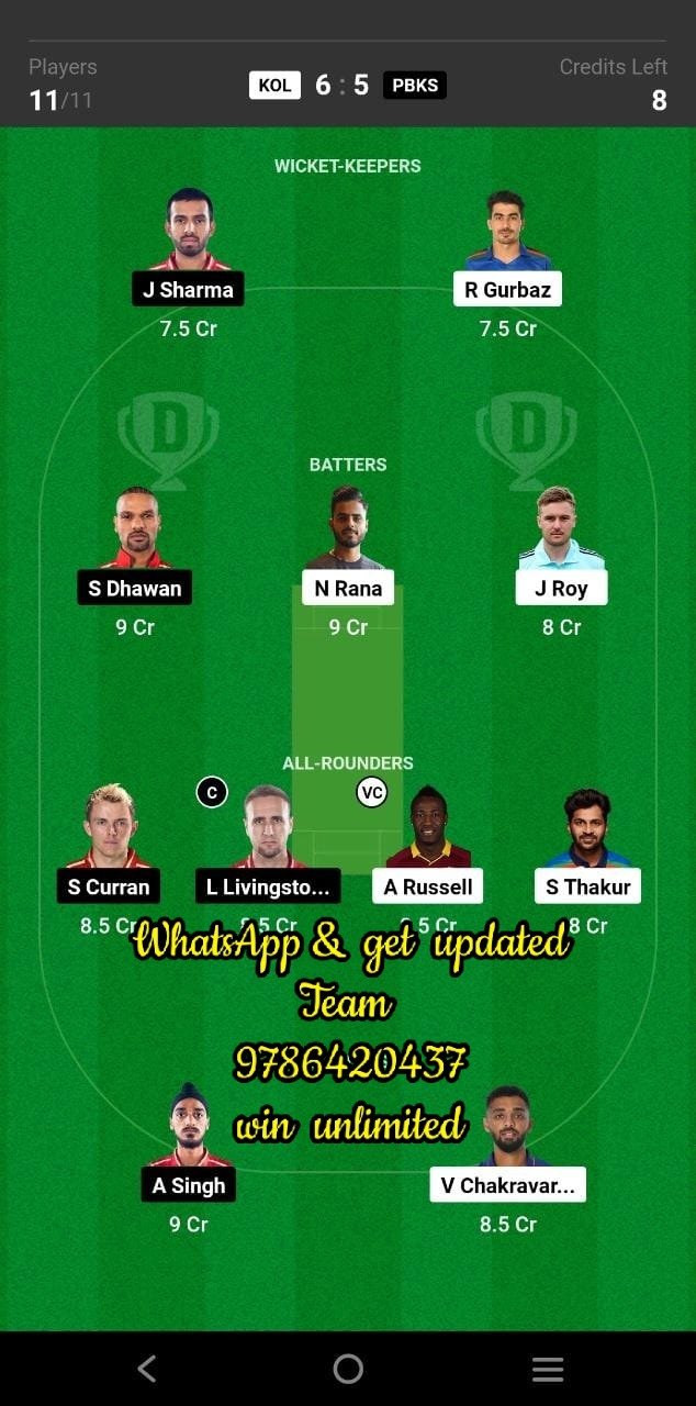 KOL vs PBKS 53rd Match Dream11 Team fantasy Prediction TATA IPL