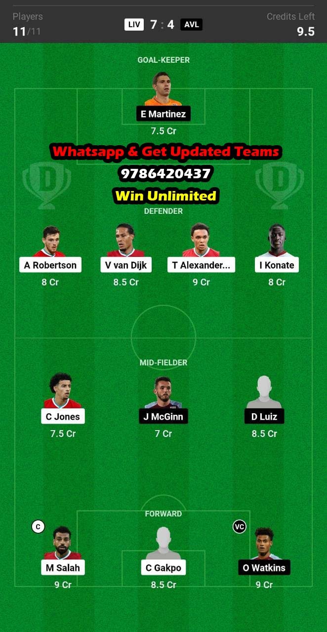 LIV vs AVL Dream11 Team fantasy Prediction Premier League