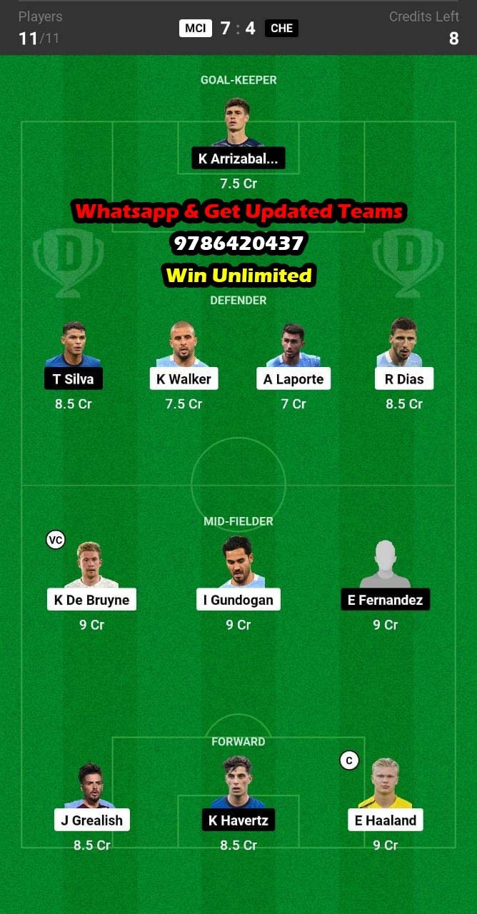 MCI vs CHE Dream11 Team fantasy Prediction Premier League