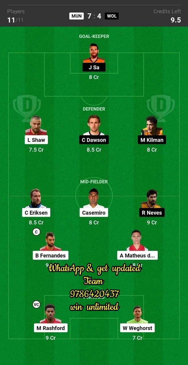 MUN vs WOL Dream11 Team fantasy Prediction Premier League