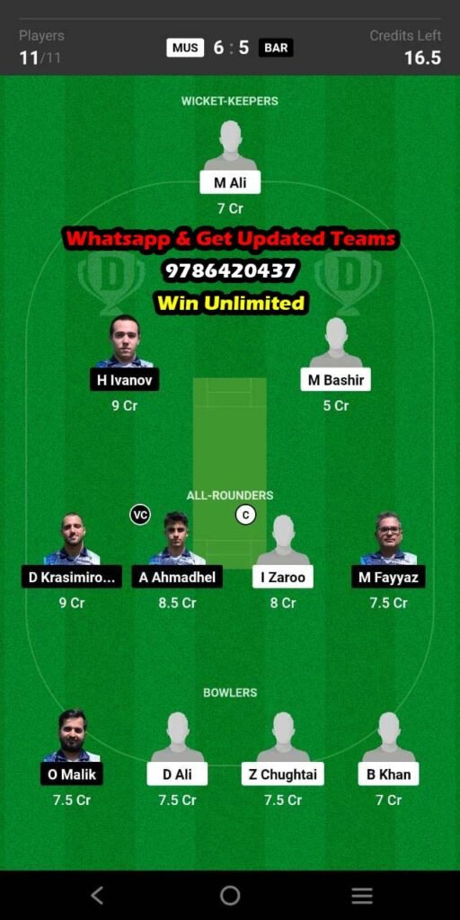 Mus Vs Bar 44th Match Dream11 Team Fantasy Prediction Fancode Ecs