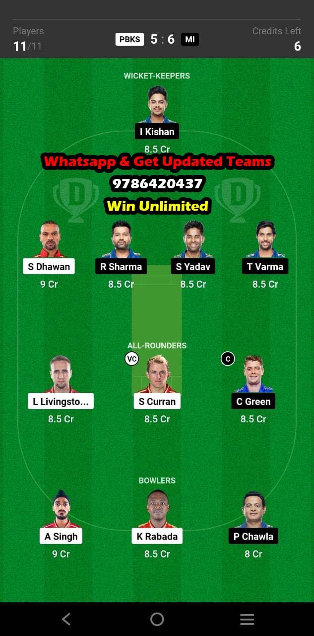 PBKS vs MI 46th Match Dream11 Team fantasy Prediction TATA IPL