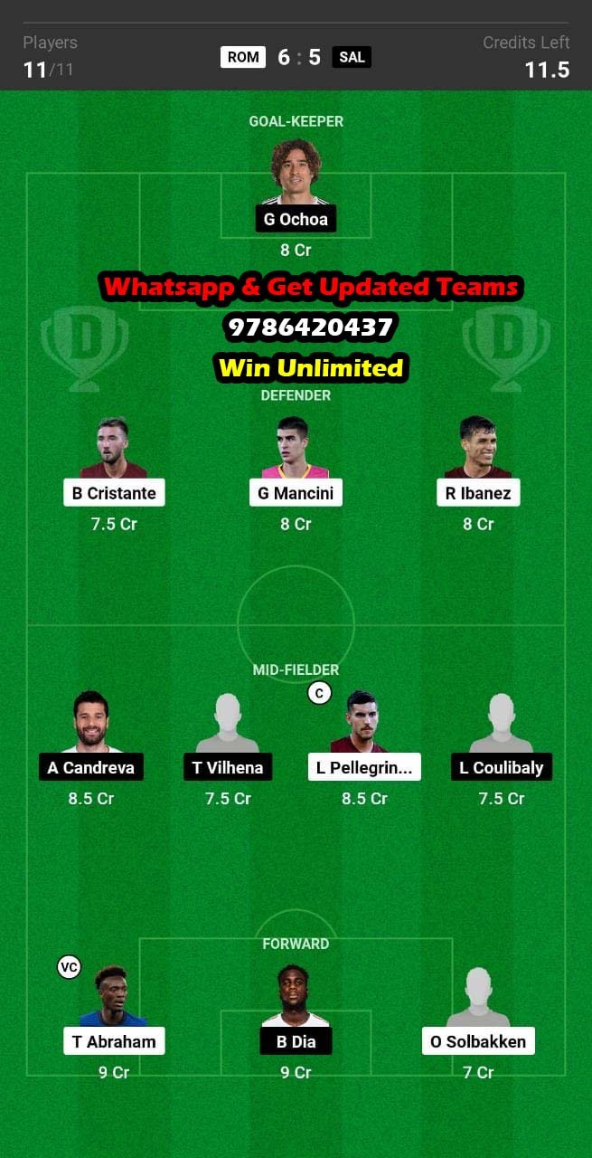 ROM vs SAL Dream11 Team fantasy Prediction Serie A