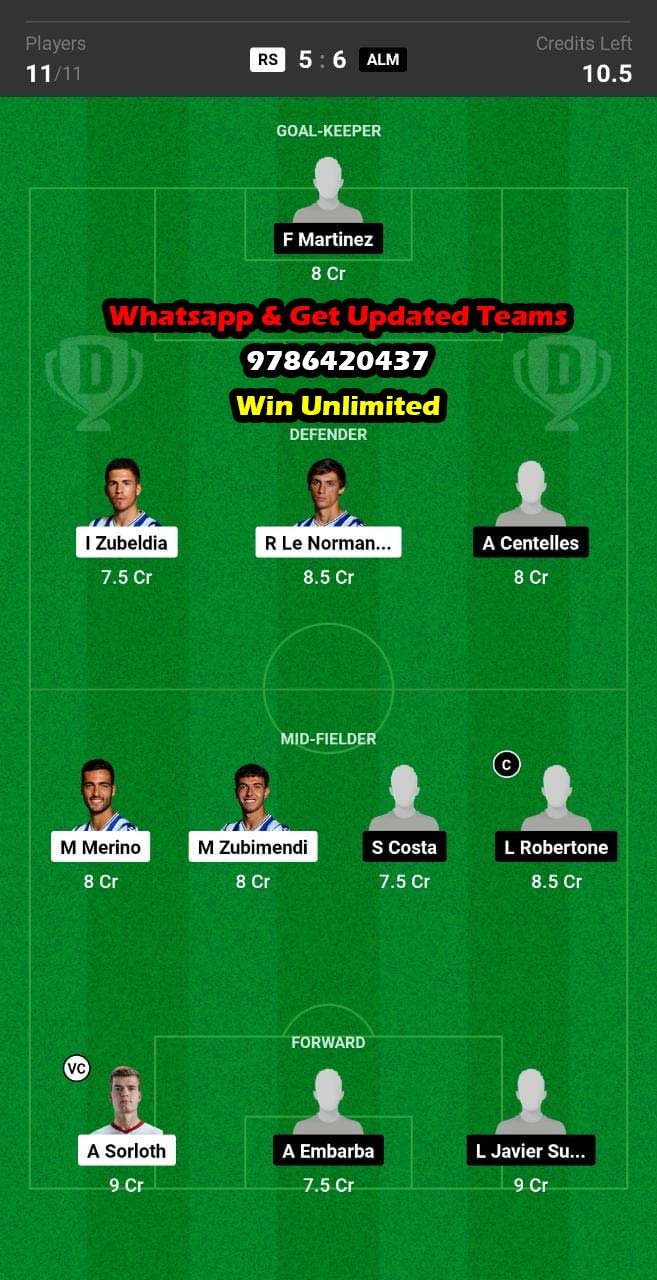 RS vs ALM Dream11 Team fantasy Prediction La Liga