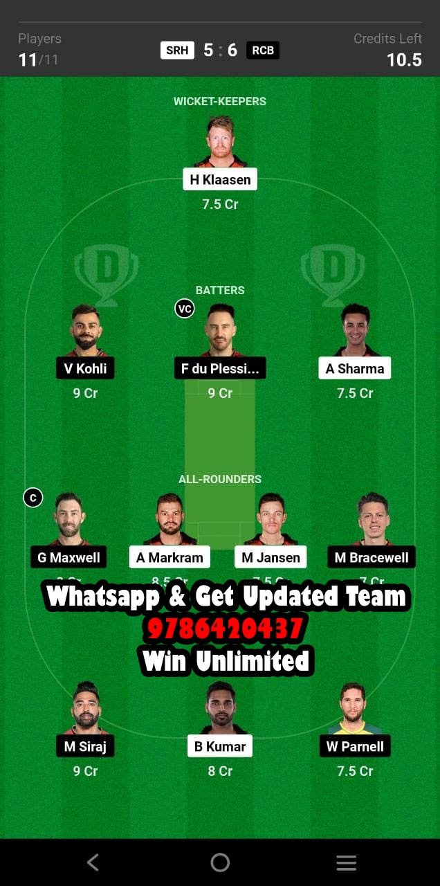 SRH vs RCB 65th Match Dream11 Team fantasy Prediction TATA IPL