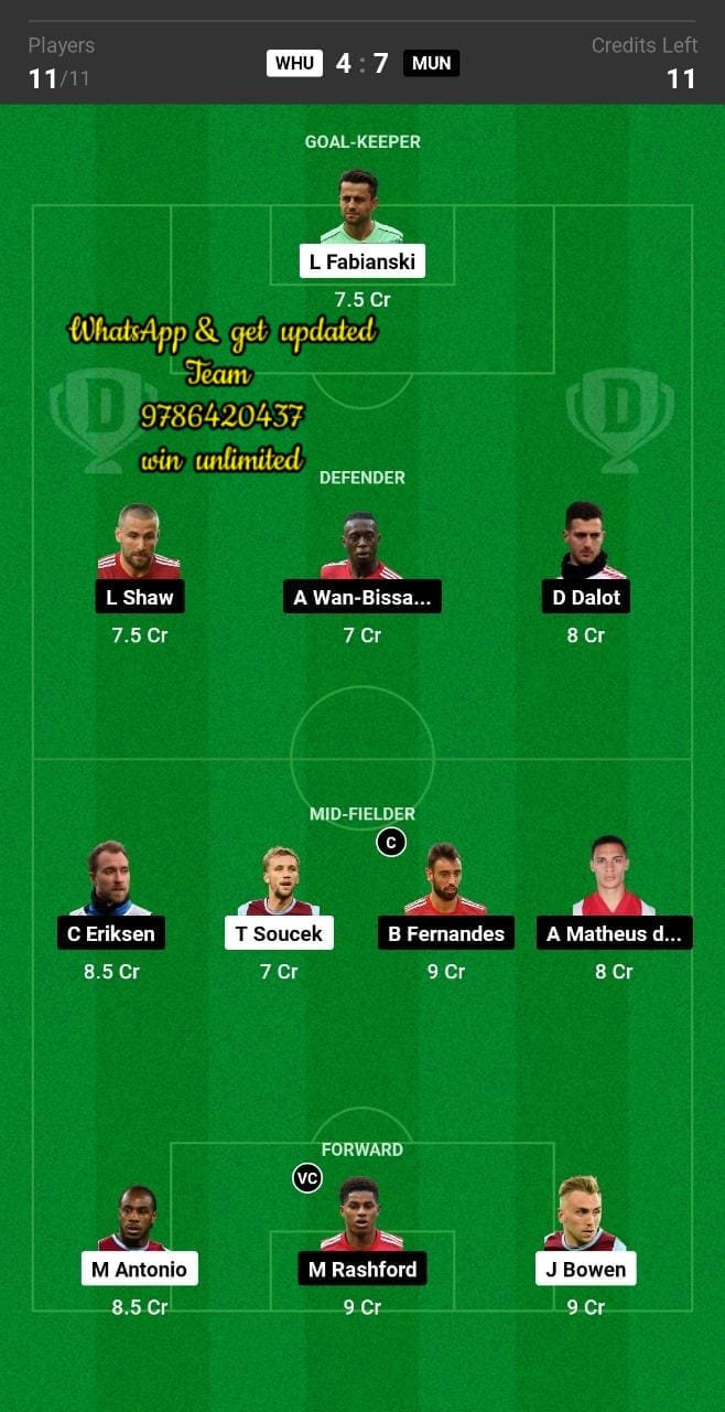 WHU vs MUN Dream11 Team fantasy Prediction Premier League