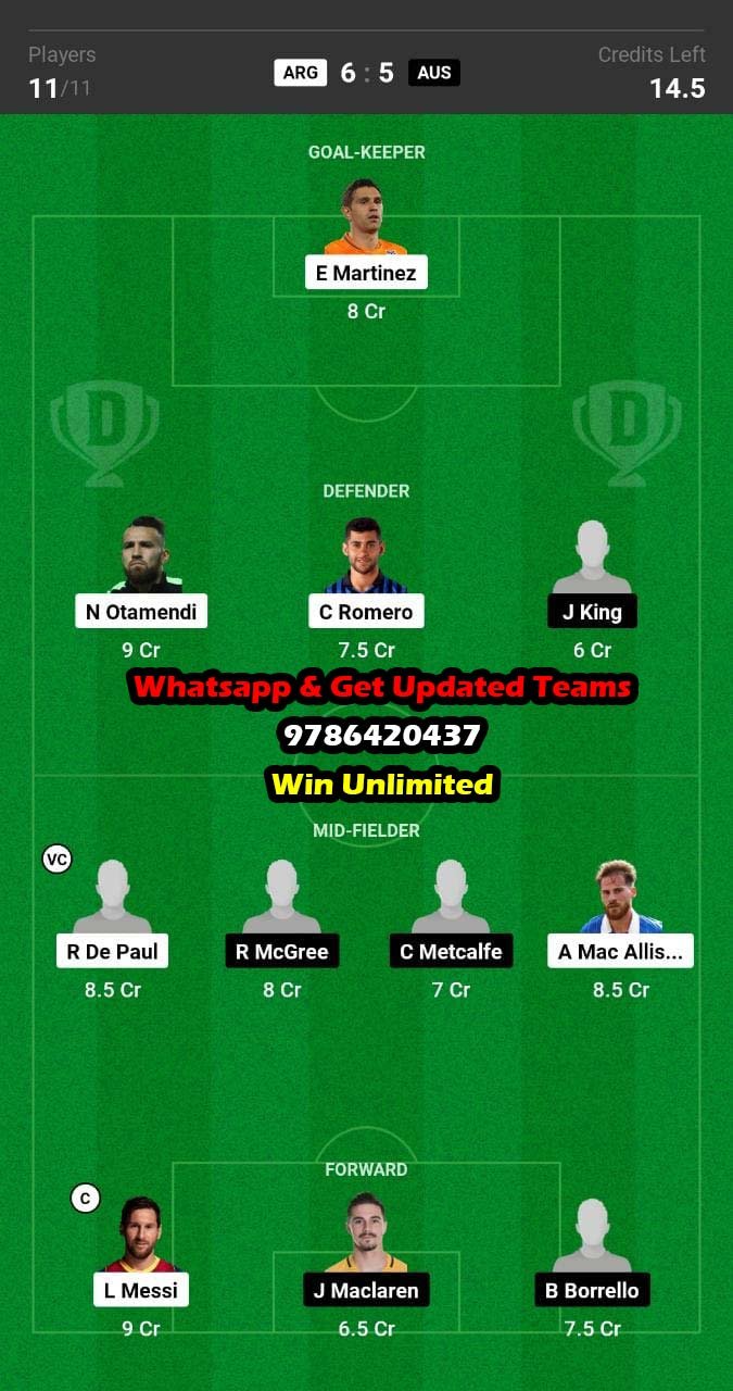 ARG vs AUS Dream11 Team fantasy Prediction International Friendlies