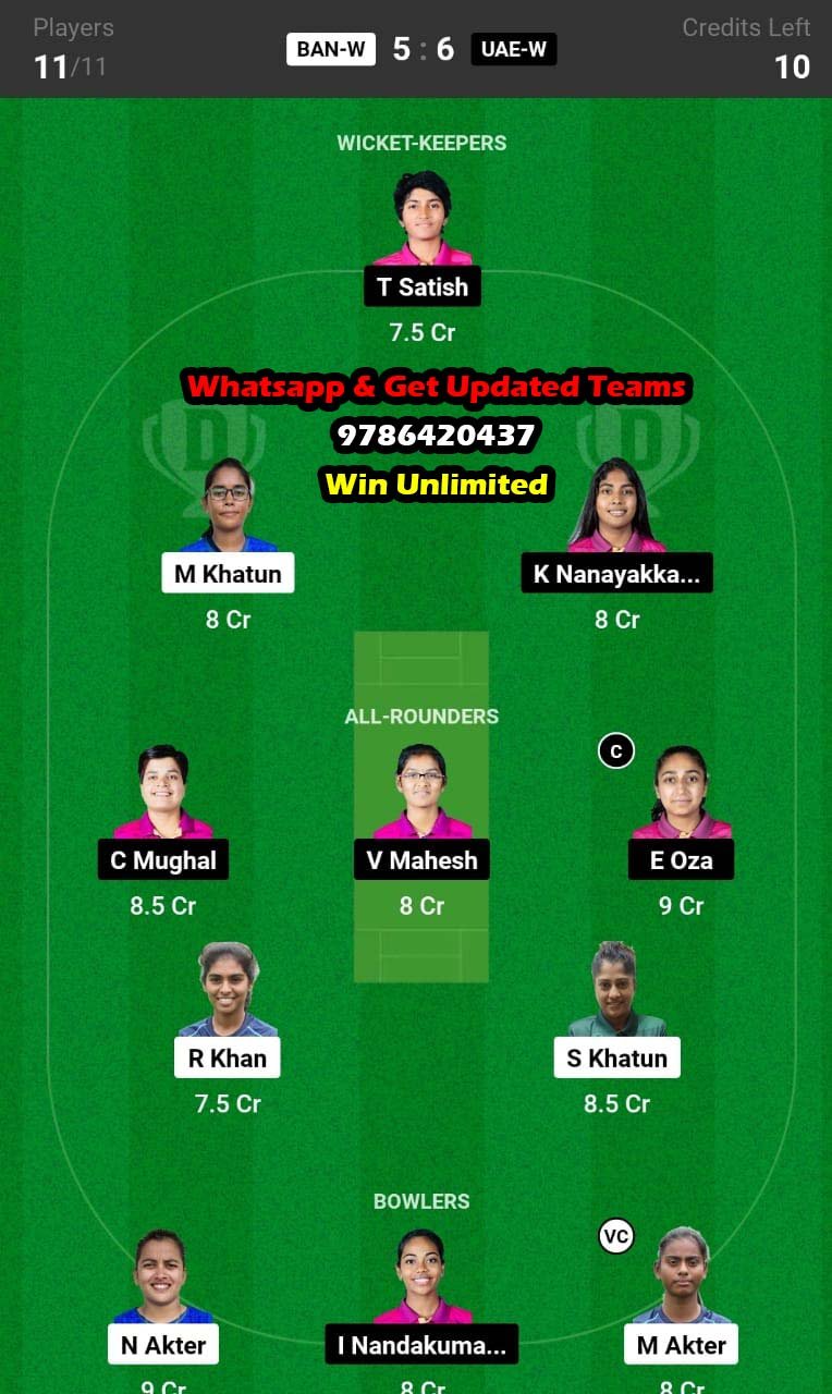 BAN-W vs UAE-W 9th Match Dream11 Team fantasy Prediction ACC Women's Emerging T20