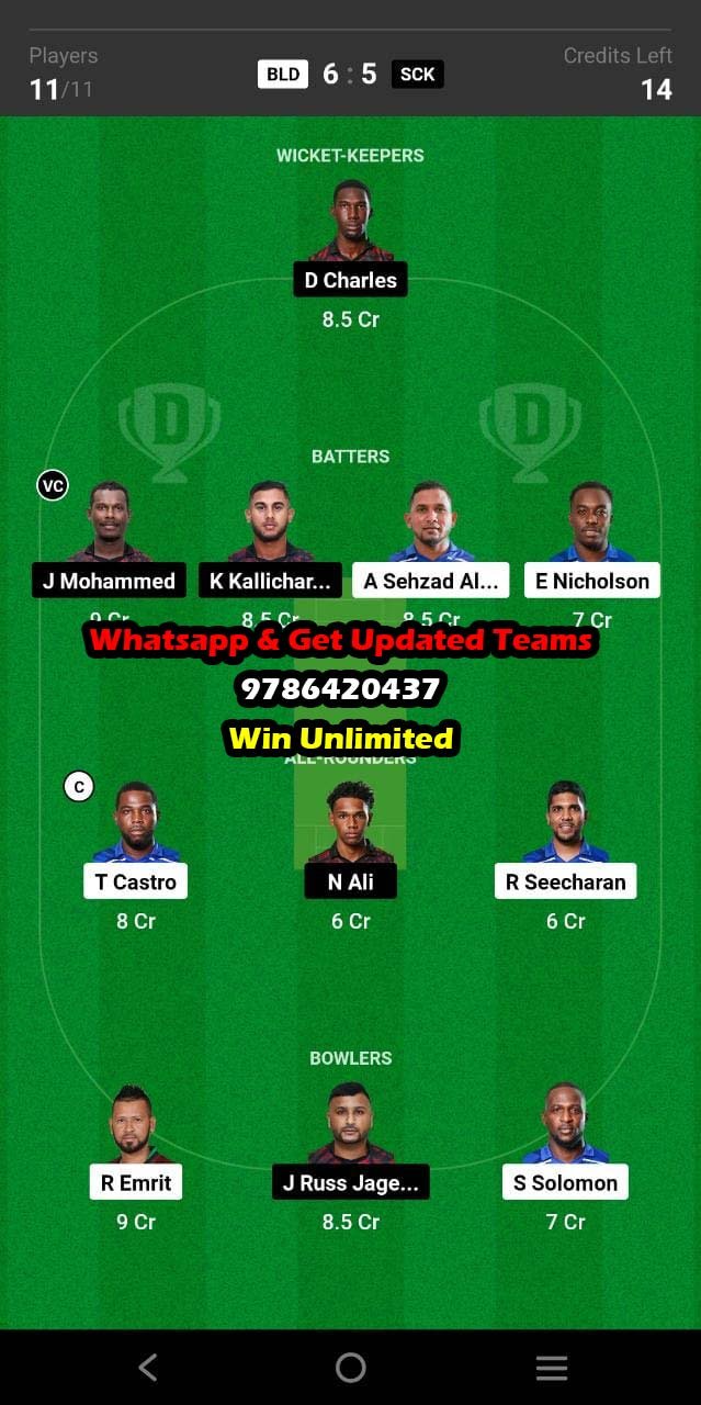 BLD vs SCK 17th Match Dream11 Team fantasy Prediction Trinidad T10 Blast