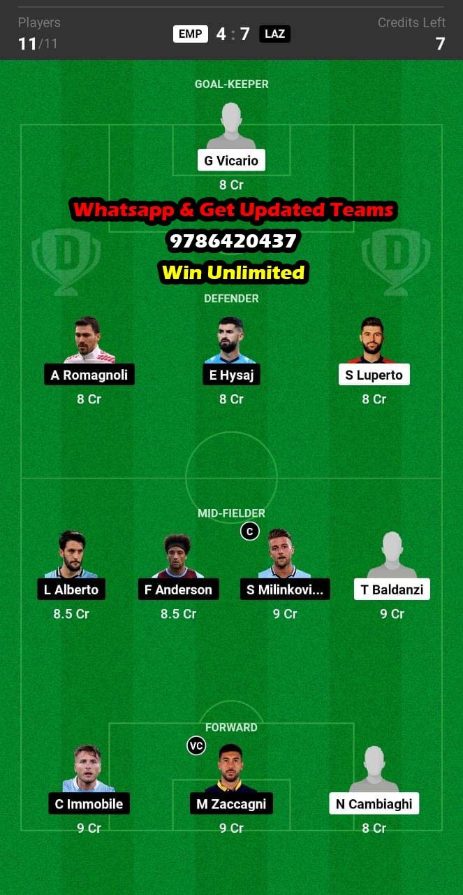 EMP vs LAZ Dream11 Team fantasy Prediction Serie A