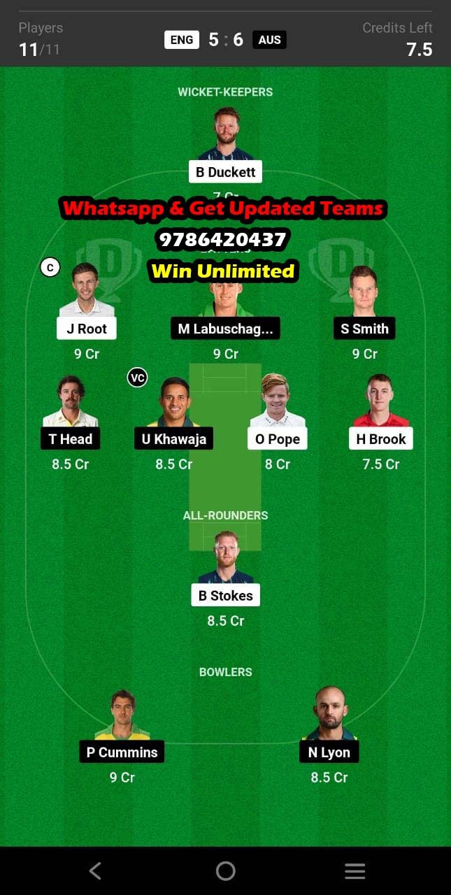 ENG vs AUS 2nd Test Match Dream11 Team fantasy Prediction The Ashes