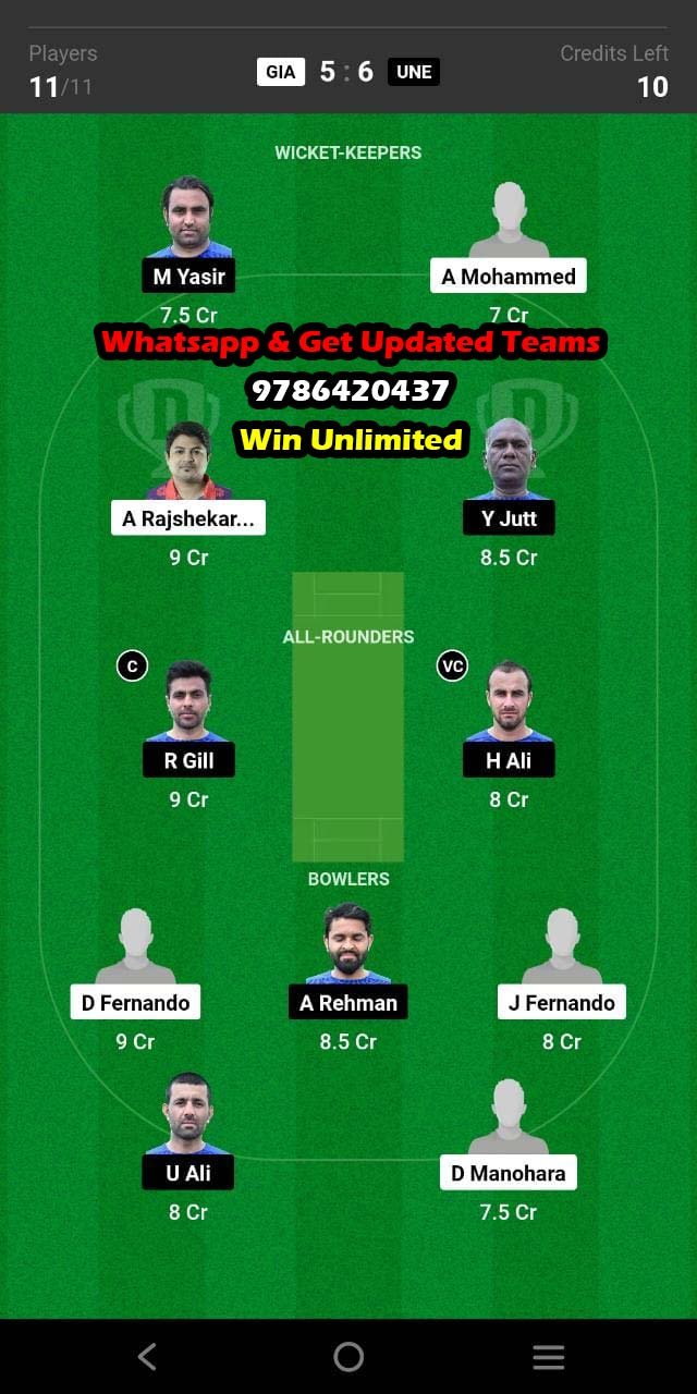 GIA vs UNE 24th Match Dream11 Team fantasy Prediction FanCode ECS Romania T10