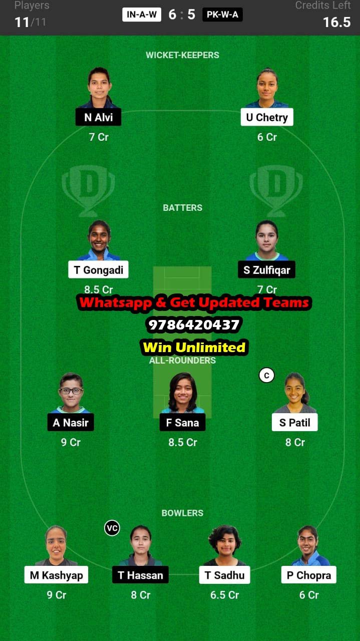 IN-A-W vs PK-W-A 12th Match Dream11 Team fantasy Prediction ACC Women's Emerging T20