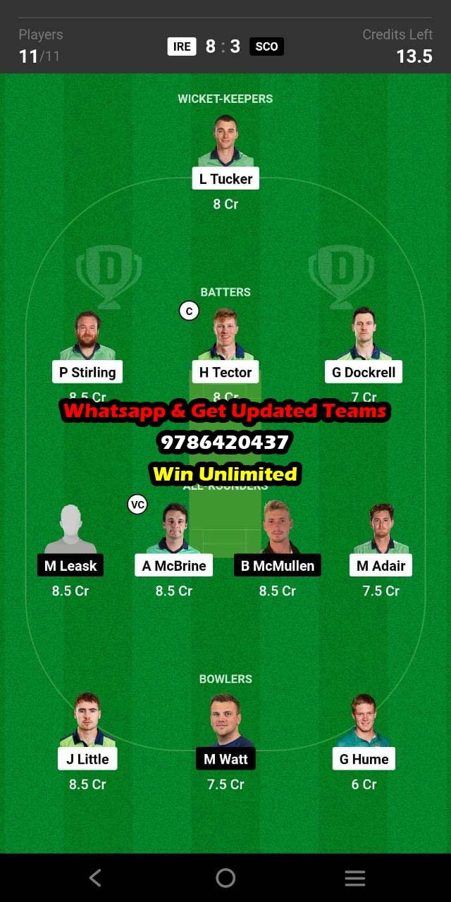 IRE vs SCO 7th Match Dream11 Team fantasy Prediction ICC ODI WC Qualifiers