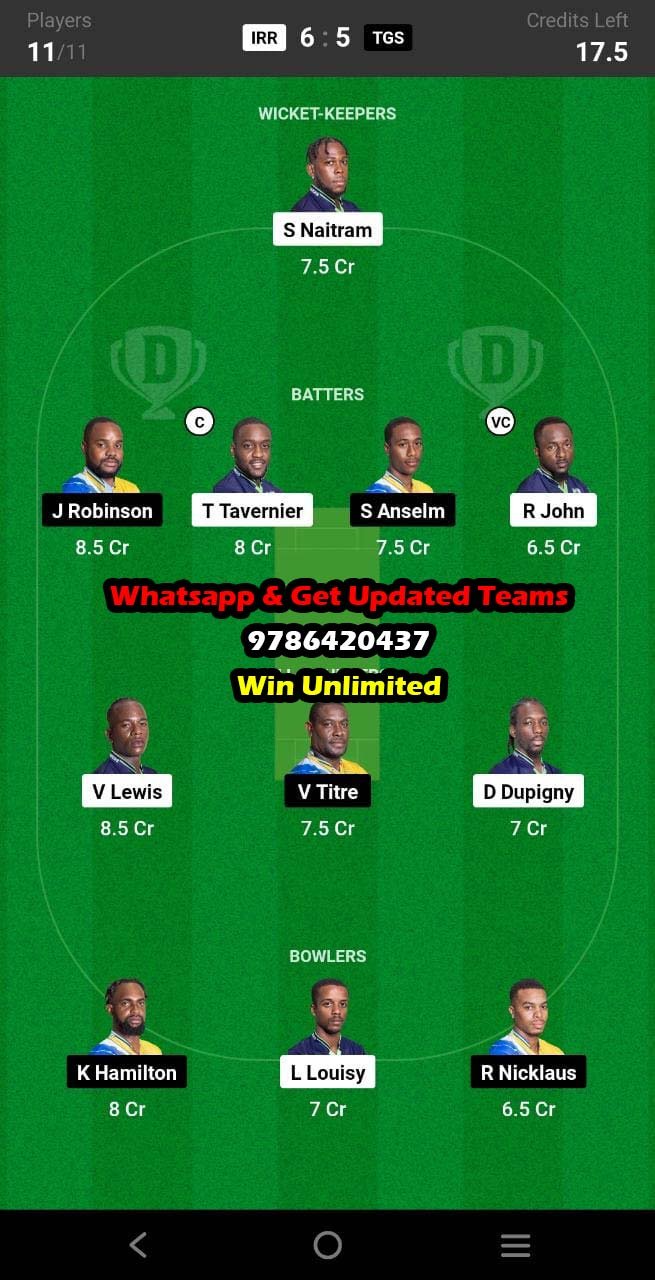 IRR vs TGS 23rd Match Dream11 Team fantasy Prediction Nature Isle T10 (2)