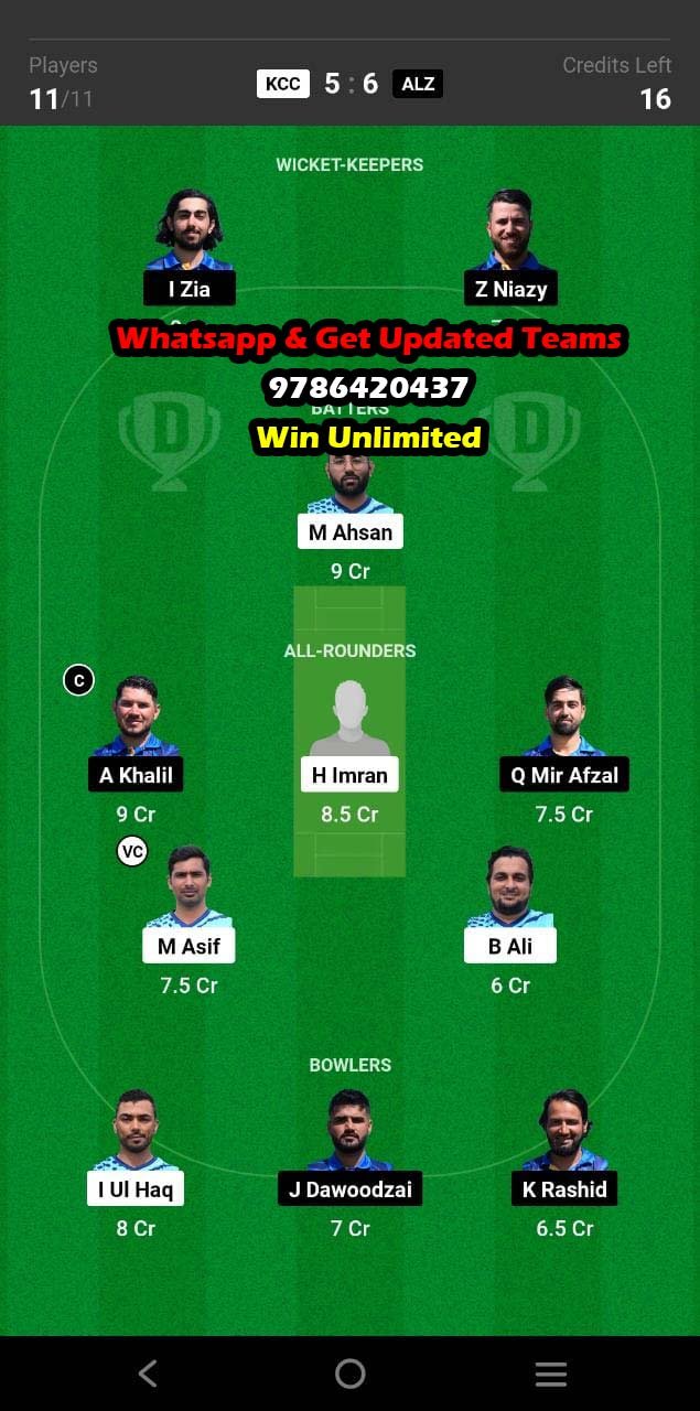 KCC vs ALZ 47th Match Dream11 Team fantasy Prediction FanCode ECS Sweden T10