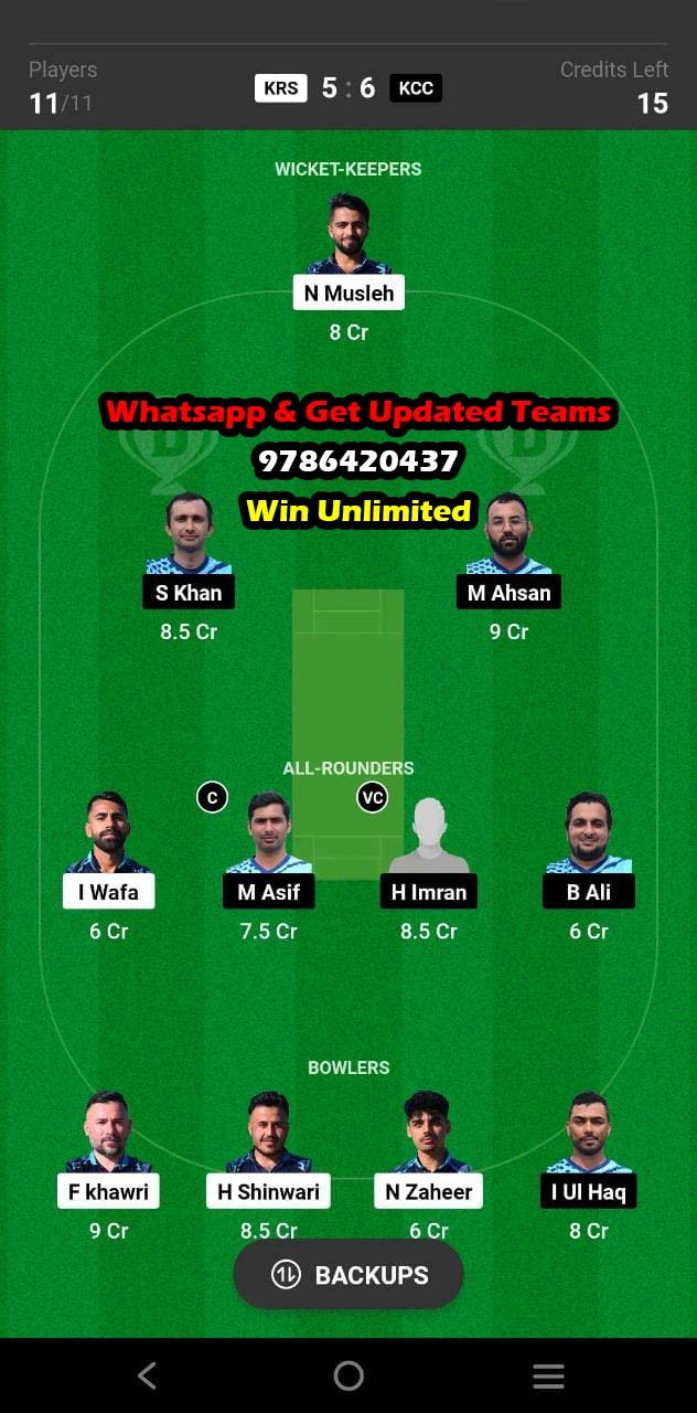 KRS vs KCC 46th Match Dream11 Team fantasy Prediction FanCode ECS Sweden T10