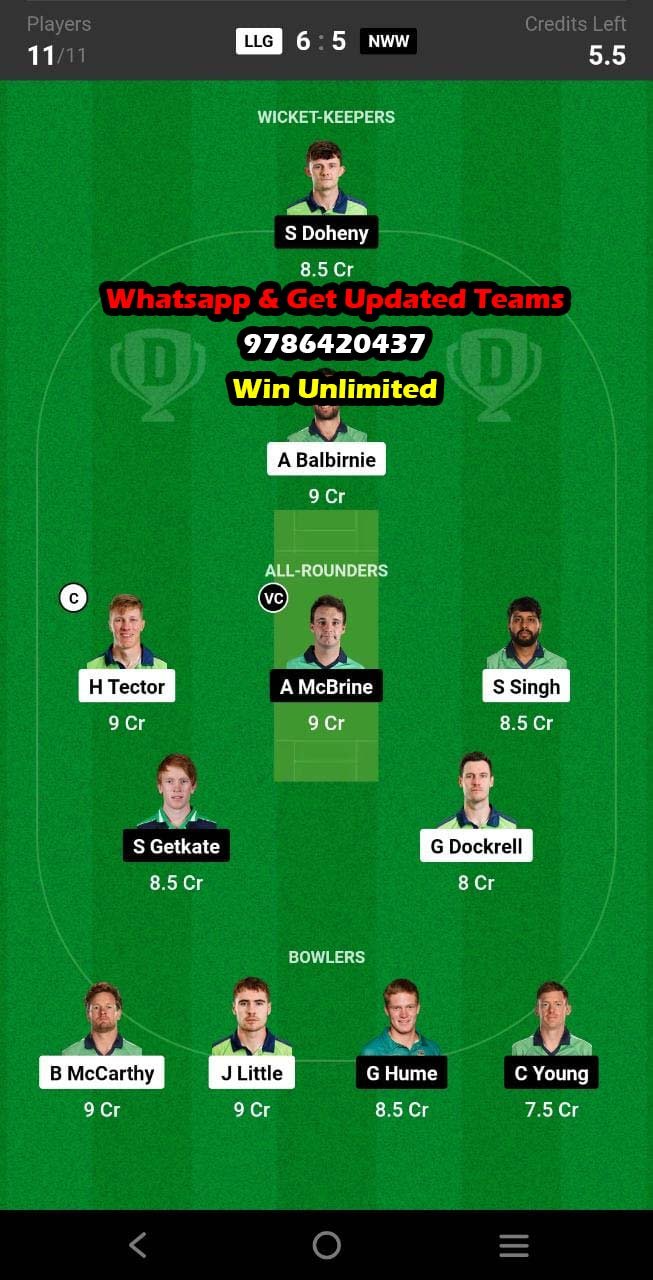 LLG vs NWW 3rd Match Dream11 Team fantasy Prediction Ireland Men’s T20