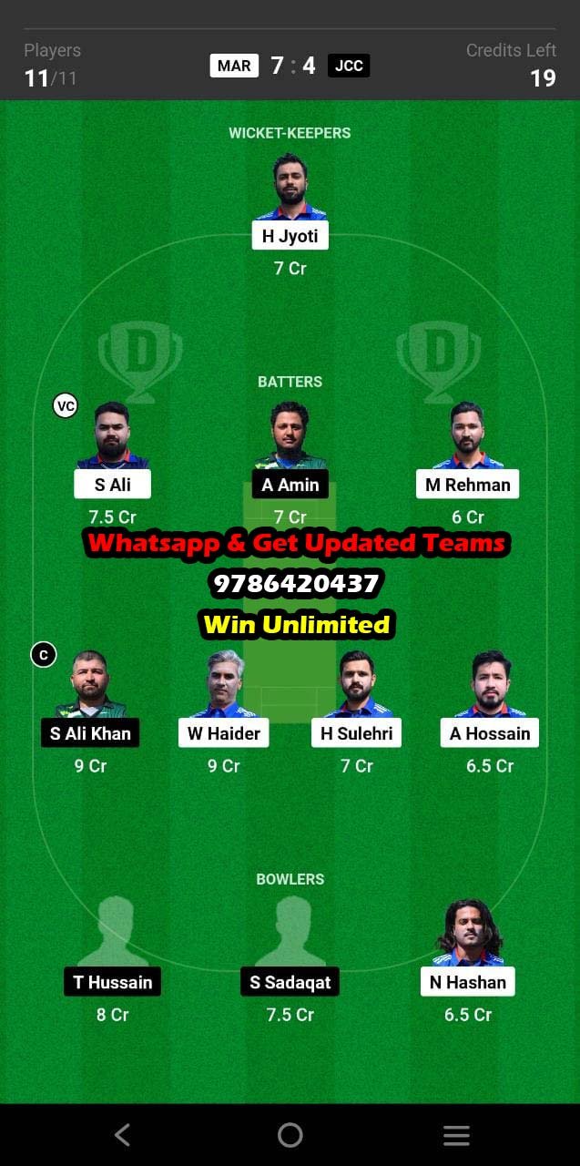 MAR vs JCC 50th Match Dream11 Team fantasy Prediction FanCode ECS Sweden T10