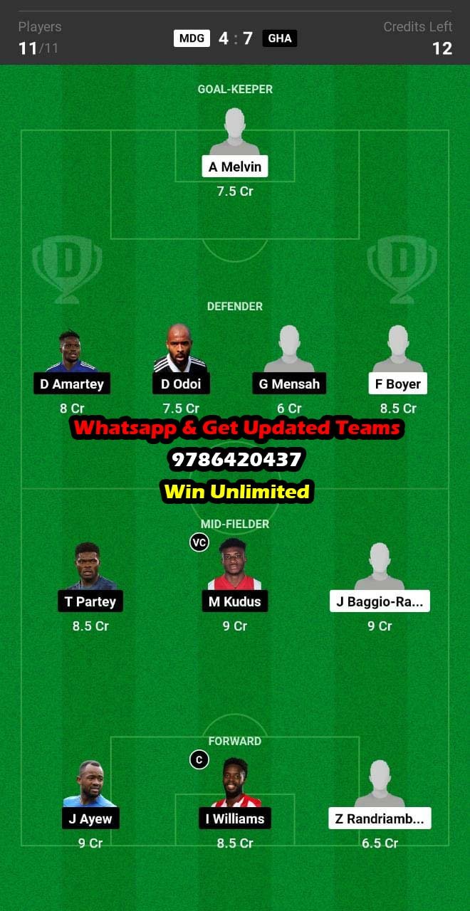 MDG vs GHA Dream11 Team fantasy Prediction AFCON Qualifiers