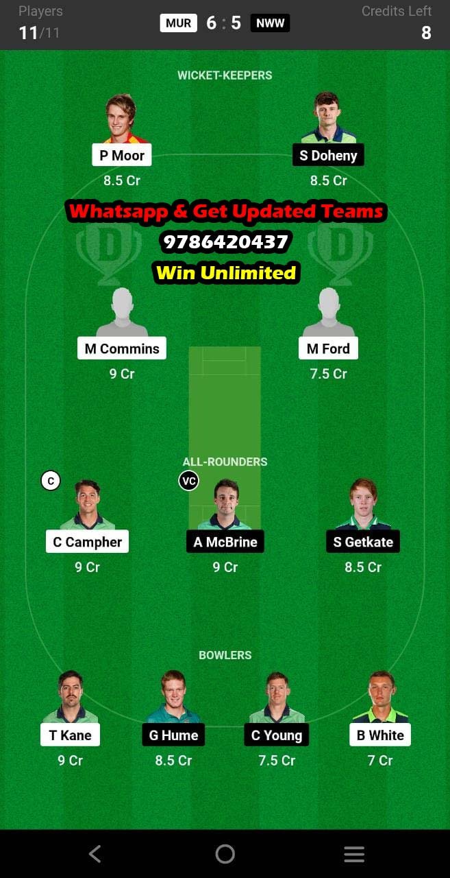 MUR vs NWW 1st Match Dream11 Team fantasy Prediction Ireland Mens T20