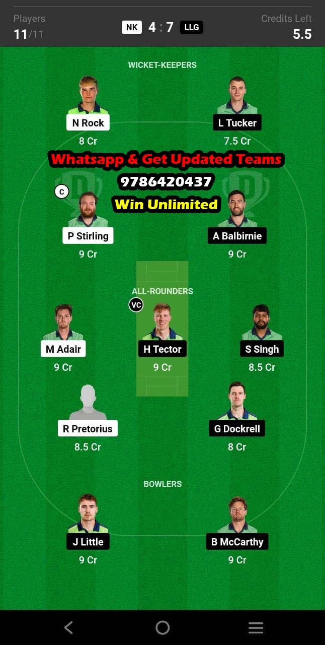 NK vs LLG 2nd Match Dream11 Team fantasy Prediction Ireland Mens T20