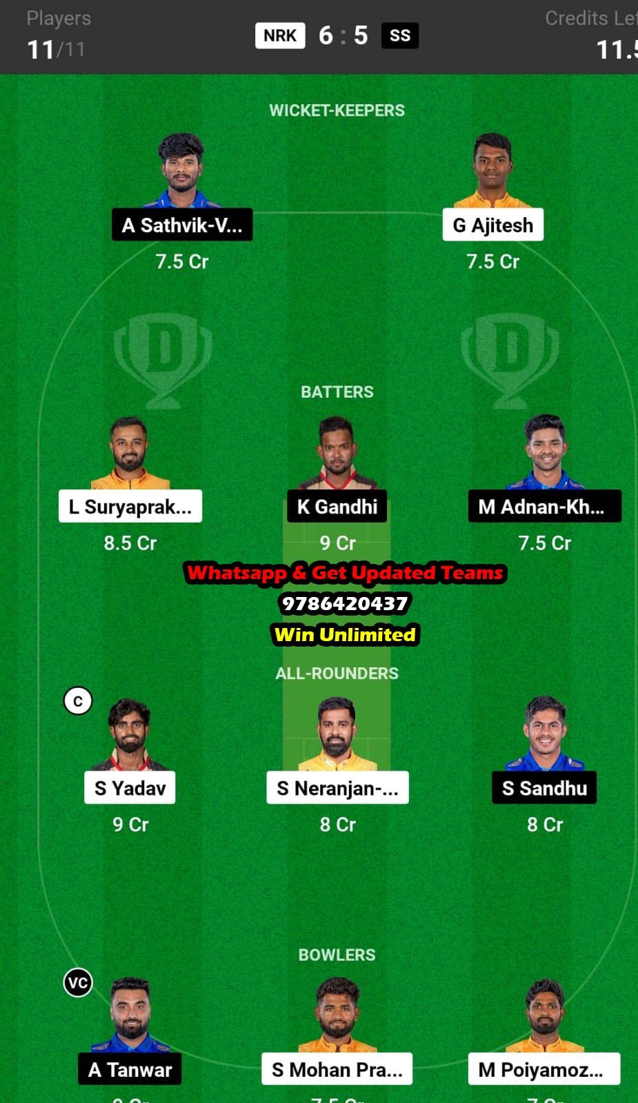 NRK vs SS 13th Match Dream11 Team fantasy Prediction Tamil Nadu Premier League T20