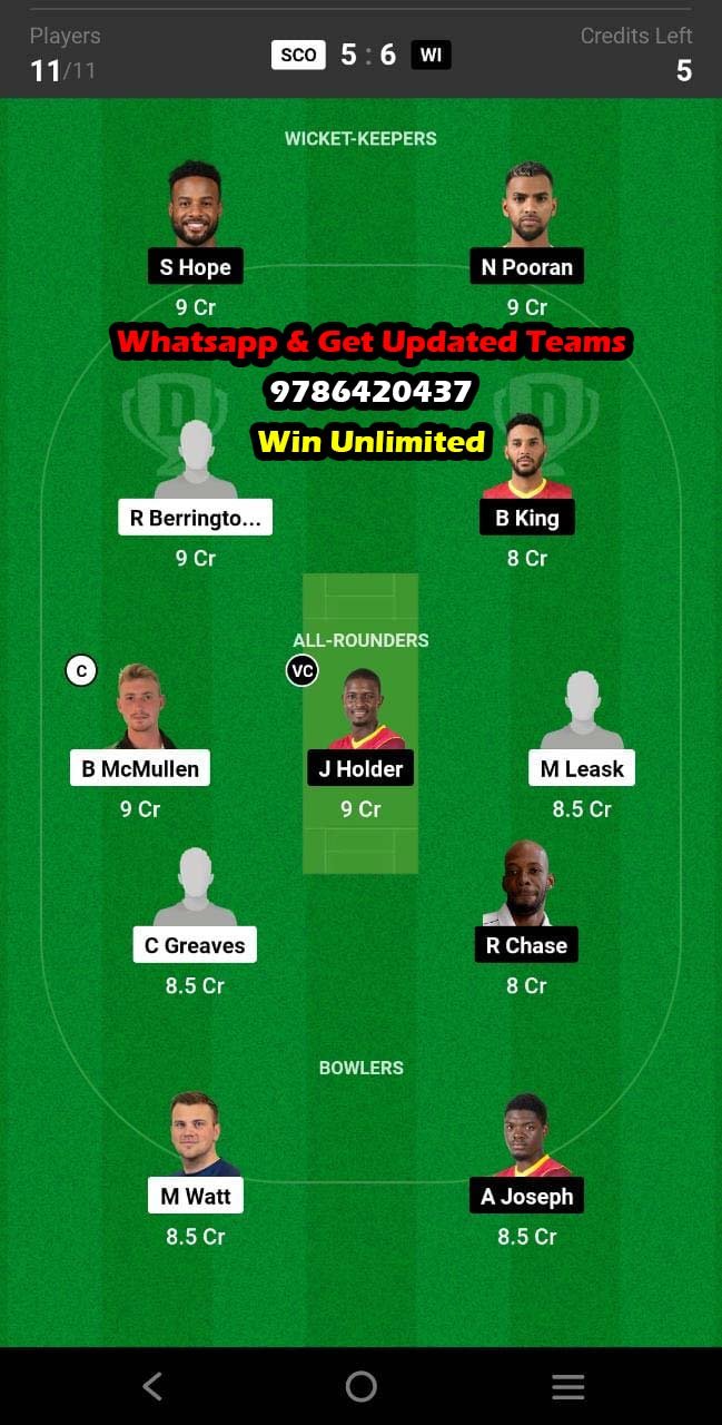 SCO vs WI 3rd Match Dream11 Team fantasy Prediction Super Sixes