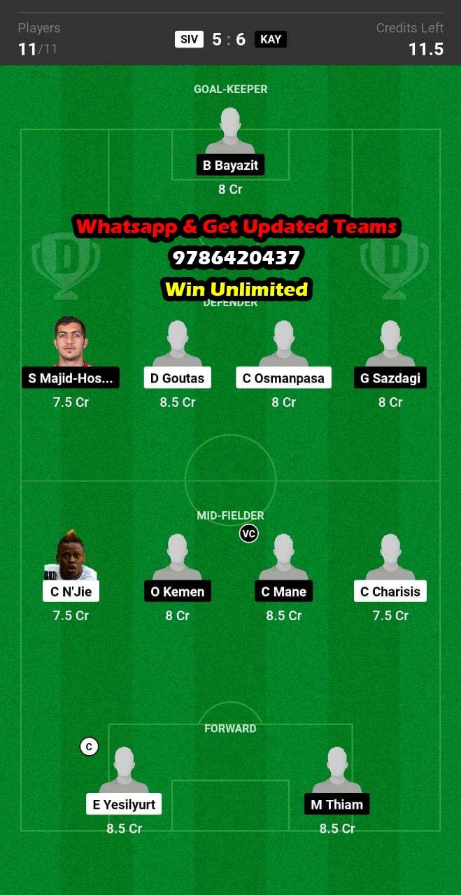 SIV vs KAY Dream11 Team fantasy Prediction Turkish League