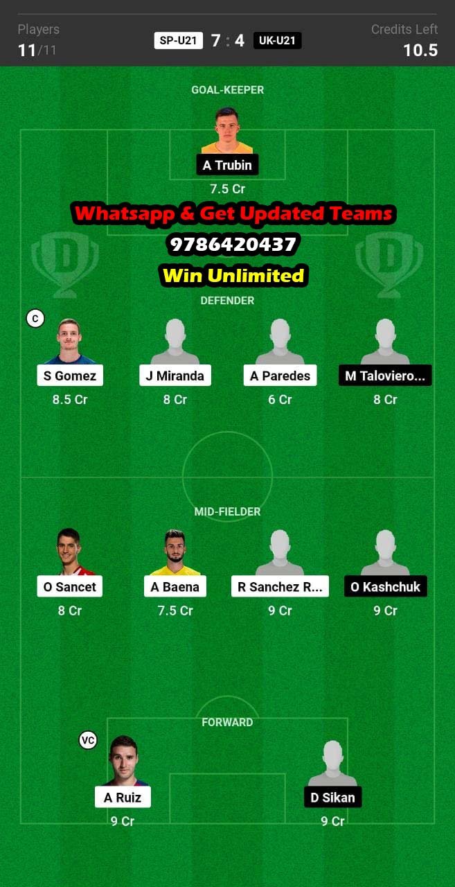 SP-U21 vs UK-U21 Dream11 Team fantasy Prediction U21 European Championship