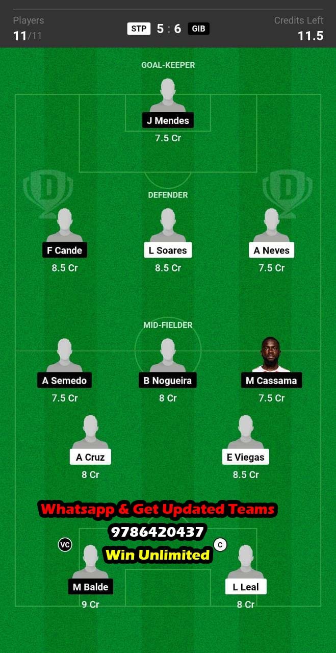 STP vs GIB Dream11 Team fantasy Prediction AFCON Qualifiers