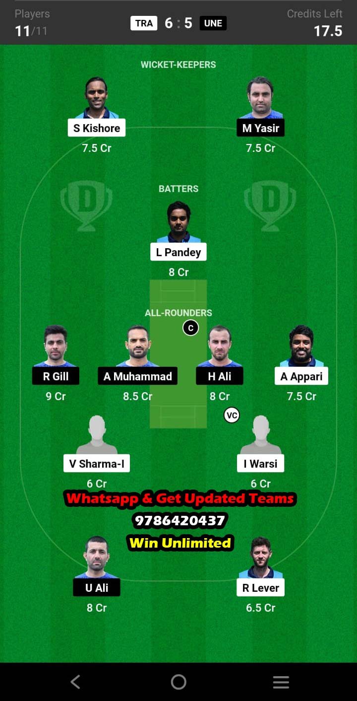 TRA vs UNE 52nd Match Dream11 Team fantasy Prediction FanCode ECS Romania T10