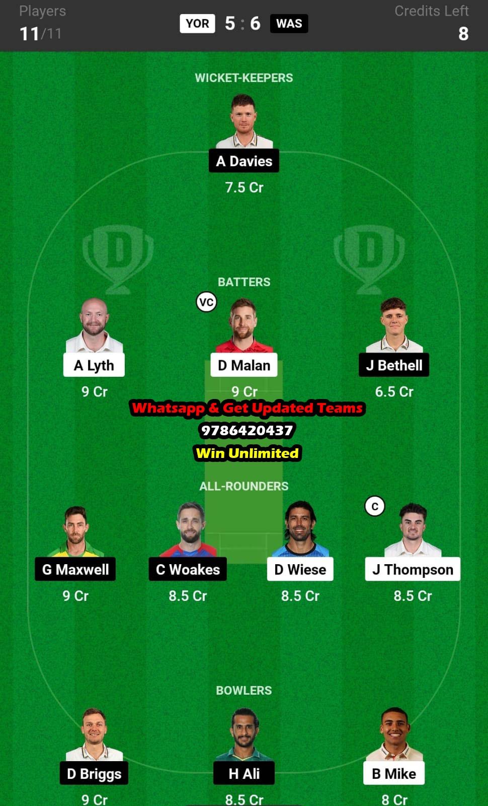 YOR vs WAS 98th Match Dream11 Team fantasy Prediction English T20 Blast