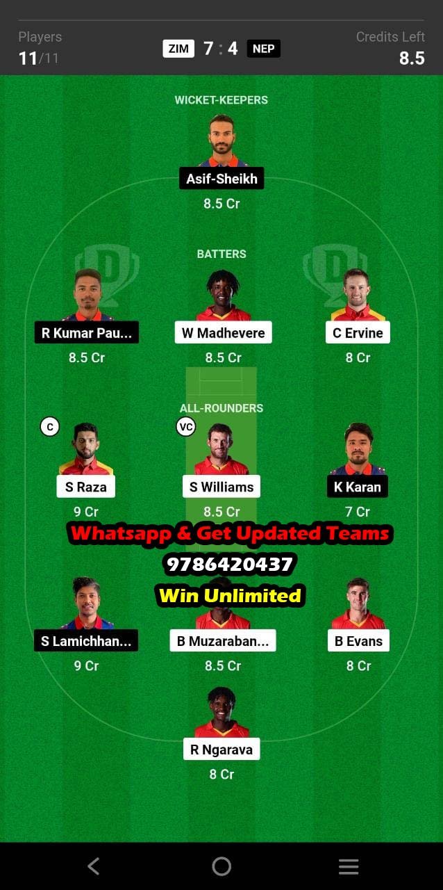 ZIM vs NEP 1st Match Dream11 Team fantasy Prediction ICC ODI WC Qualifiers