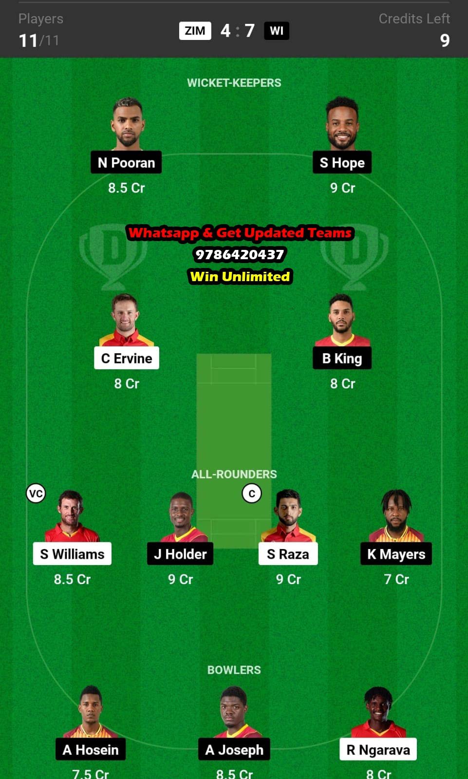 ZIM vs WI 13th Match Dream11 Team fantasy Prediction ICC ODI WC Qualifiers